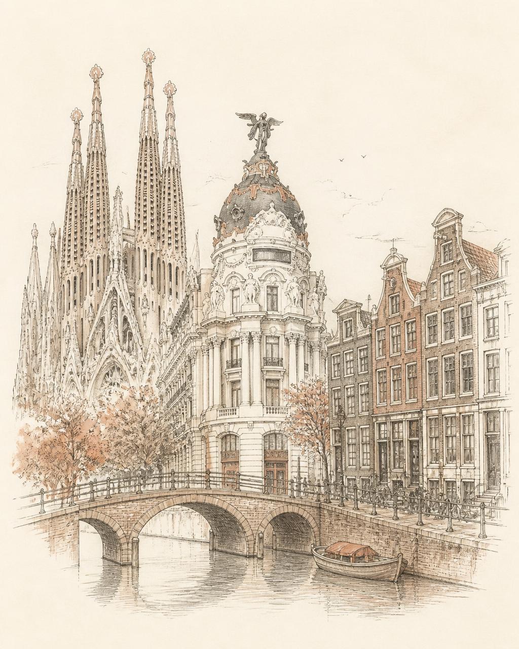 Vintage ink drawing of Barcelona, Madrid and Amsterdam landmarks with students walking below